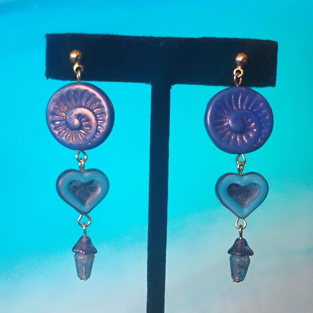 Blue and Gold Czech Glass Dangle Earrings